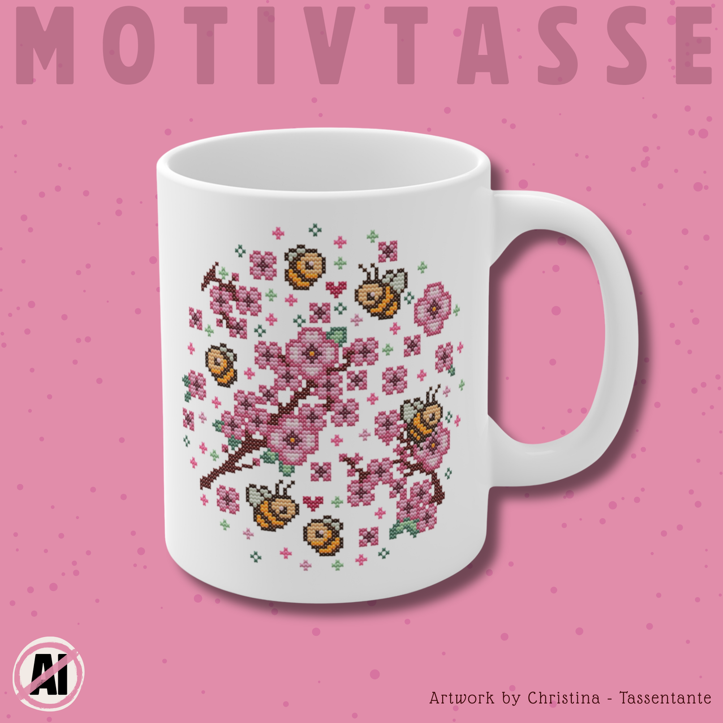 Motivtasse -  Niedliche Kawaii Kreuzstich Optik Tasse - Sakura Bees - Frühling Kaffee Tasse