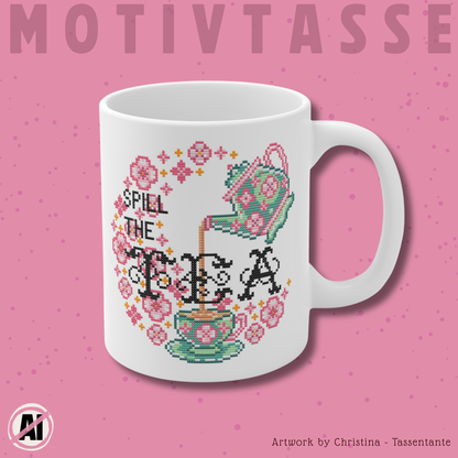 Motivtasse -  Niedliche Kawaii Kreuzstich Optik Tasse - Spill the Tea - Frühling Kaffee Tasse