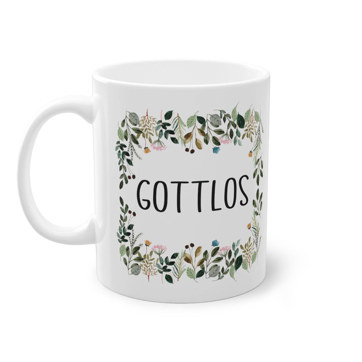 a white coffee mug with the words gottllos printed on it