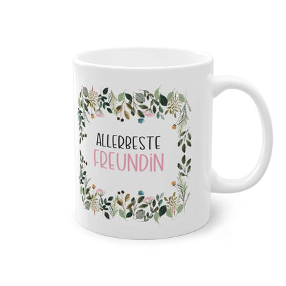 Überrasche deine Allerbeste Freundin mit dieser süssen Tasse, umhüllt von einem liebevollen floralen Rahmen – das perfekte Geschenk für die beste Freundin. 