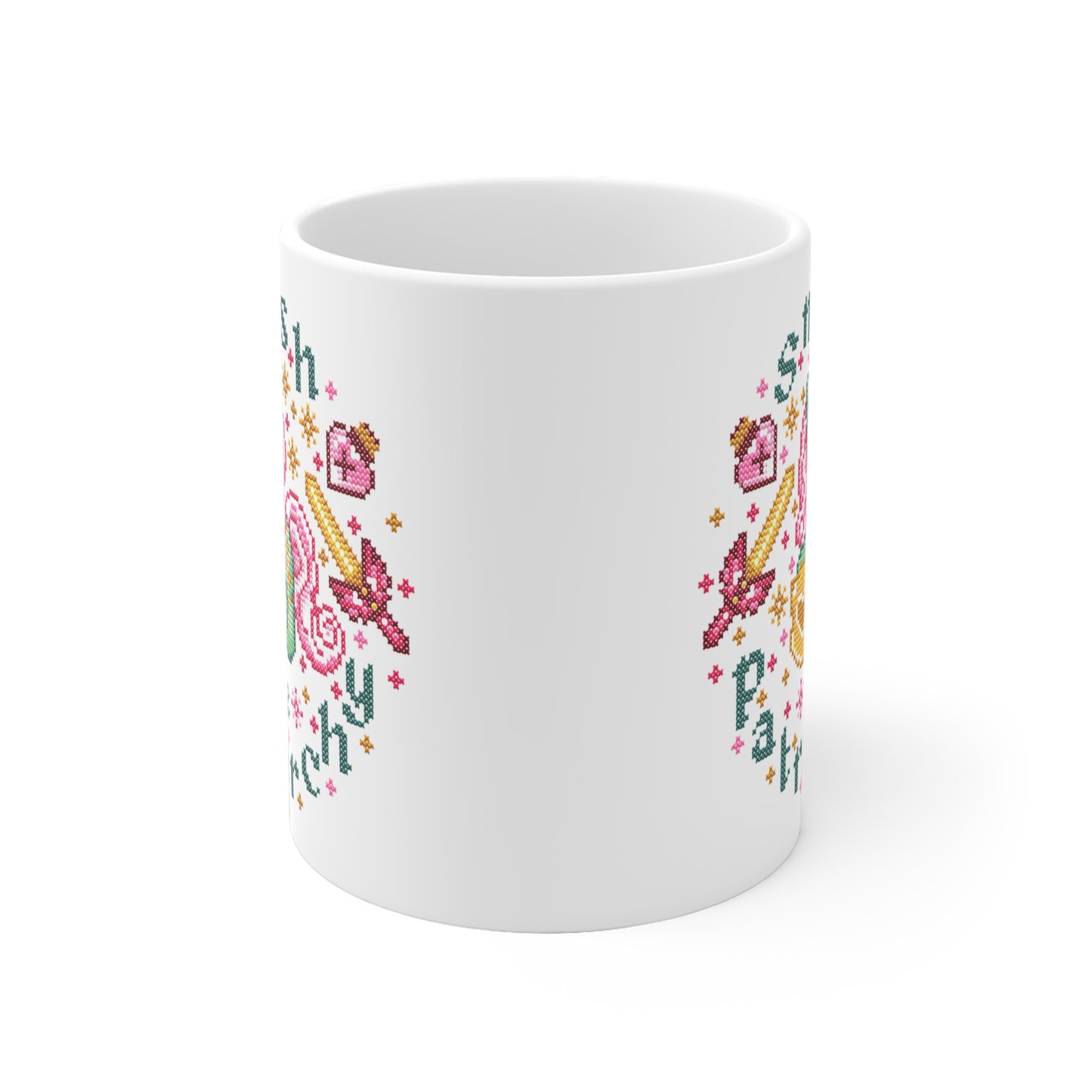 Tasse Sticken -  Feministische Kreuzstich Optik Motivtasse - Geschenk für Sticker*innen- Smash the Patriarchy