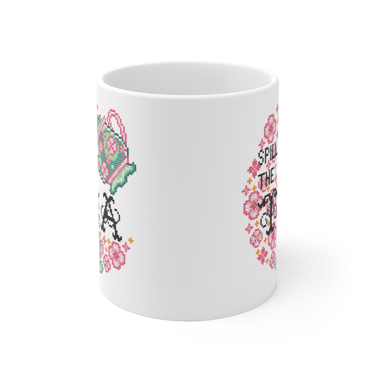 Motivtasse -  Niedliche Kawaii Kreuzstich Optik Tasse - Spill the Tea - Frühling Kaffee Tasse