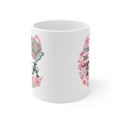 Motivtasse -  Niedliche Kawaii Kreuzstich Optik Tasse - Spill the Tea - Frühling Kaffee Tasse