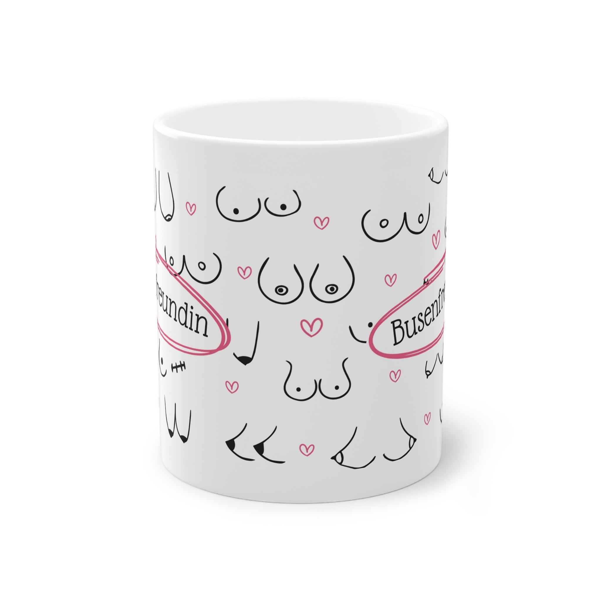 Begib dich auf eine humorvolle Reise mit unserer Busenfreundin Tasse, die mit einem verspielten Brustmotiv und dem witzigen Text "Busenfreundin" verziert ist. 