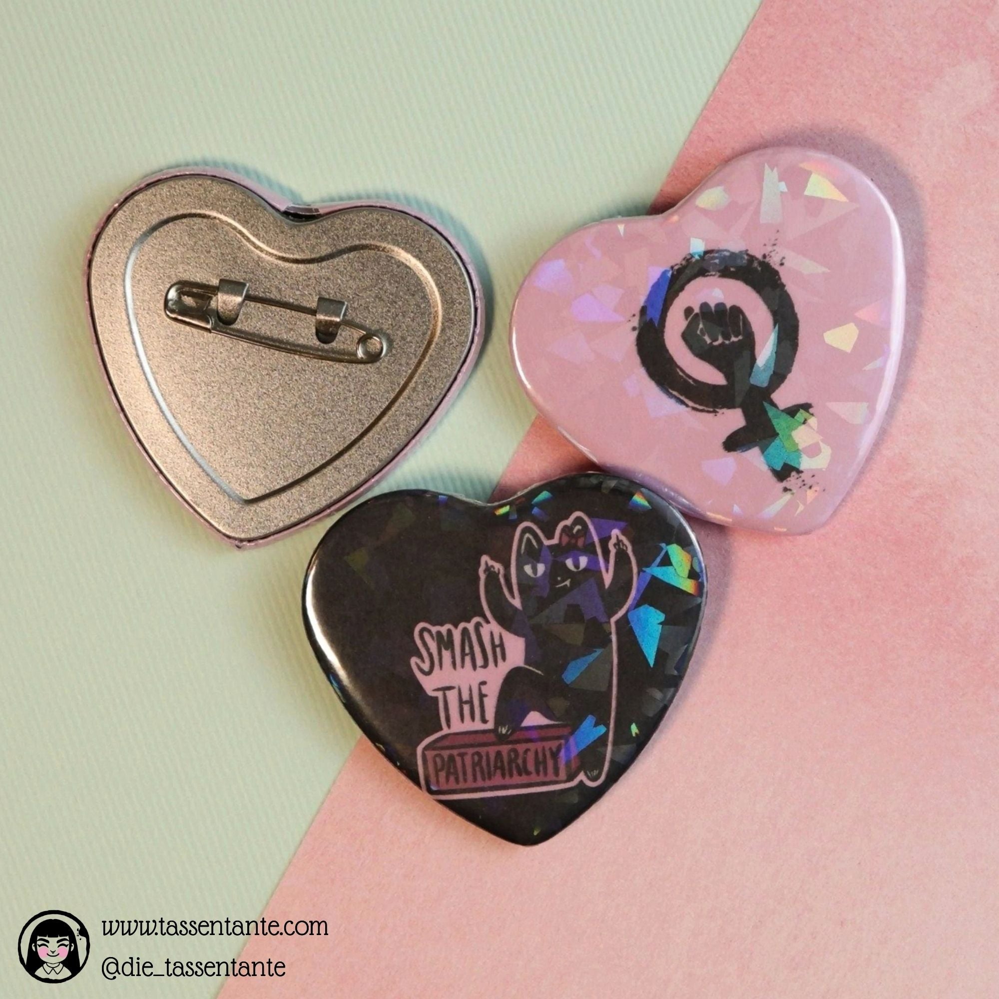 2er Set Herz Buttons Leopold  - Smash the Patriarchy - rosa & schwarz