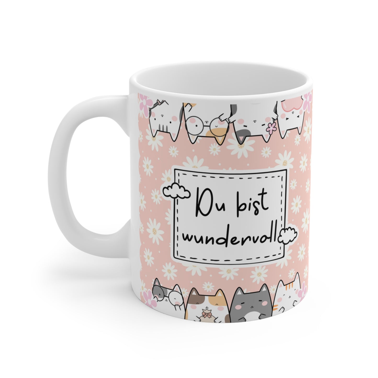 Liebevoll gestaltete rosa Tasse mit Blumenmuster, süßen Katzen und der Aufschrift „Du bist wundervoll“ – perfektes Geschenk für Freundinnen, Kolleginnen oder zum Selbstverwöhnen.