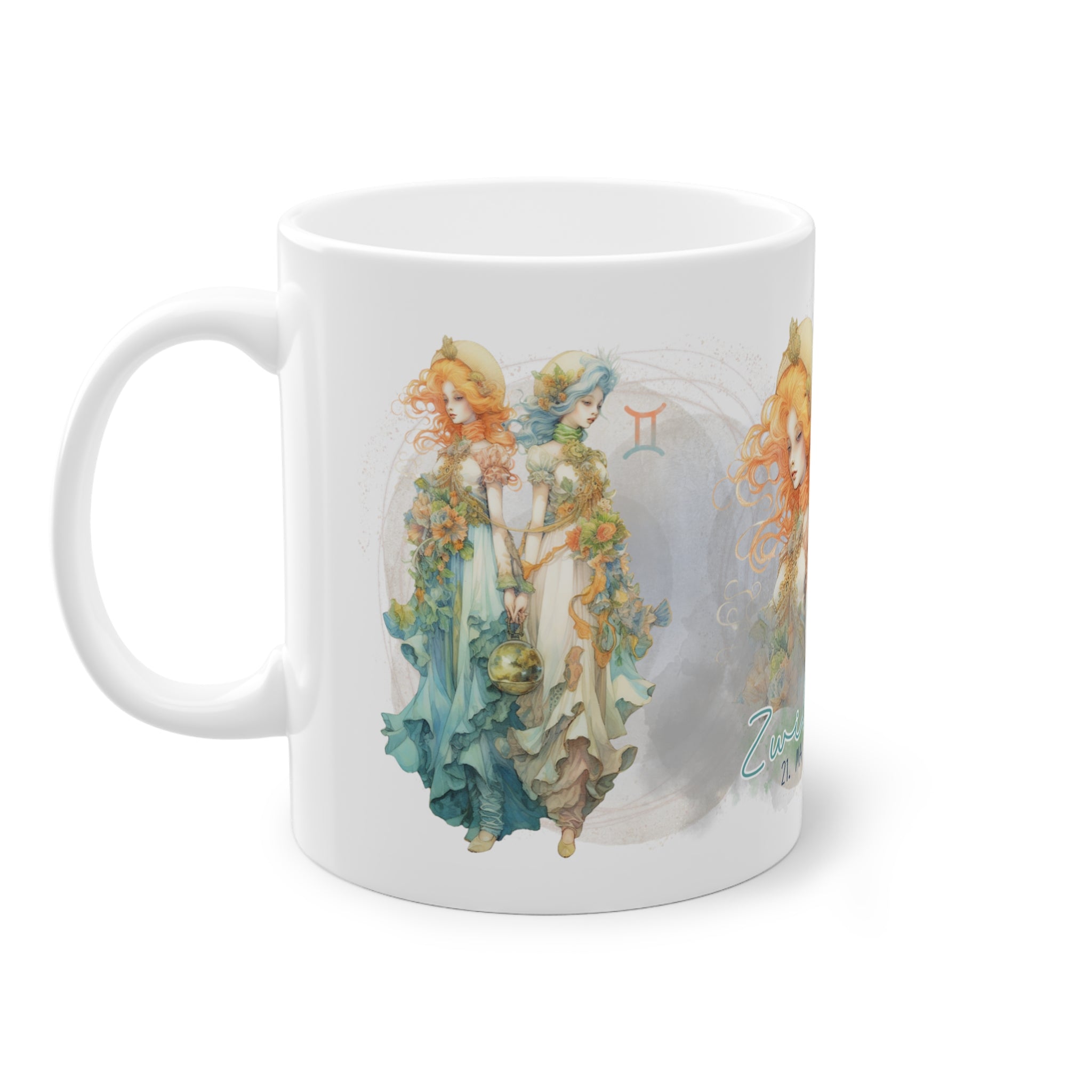 Unsere wunderschöne Motivtasse Zwillinge, das perfekte Geschenk für alle im Sternzeichen Zwillinge. Mit fantasievollem All-Over Print, ist sie ein Hingucker.