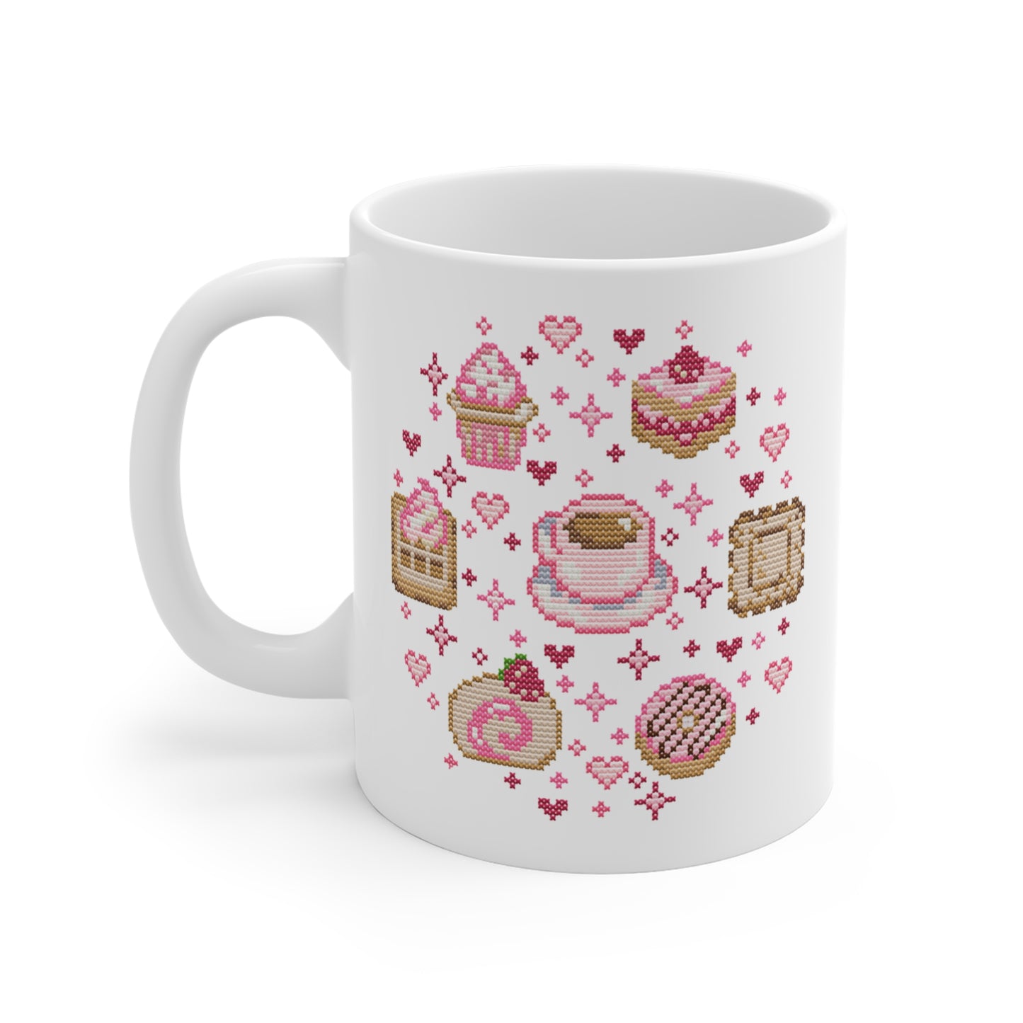 Tasse Sticken -  Kawaii Kreuzstich Optik Motivtasse - Törtchen und Gebäck