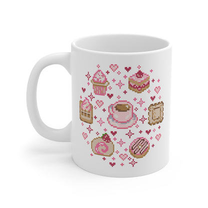 Tasse Sticken -  Kawaii Kreuzstich Optik Motivtasse - Törtchen und Gebäck