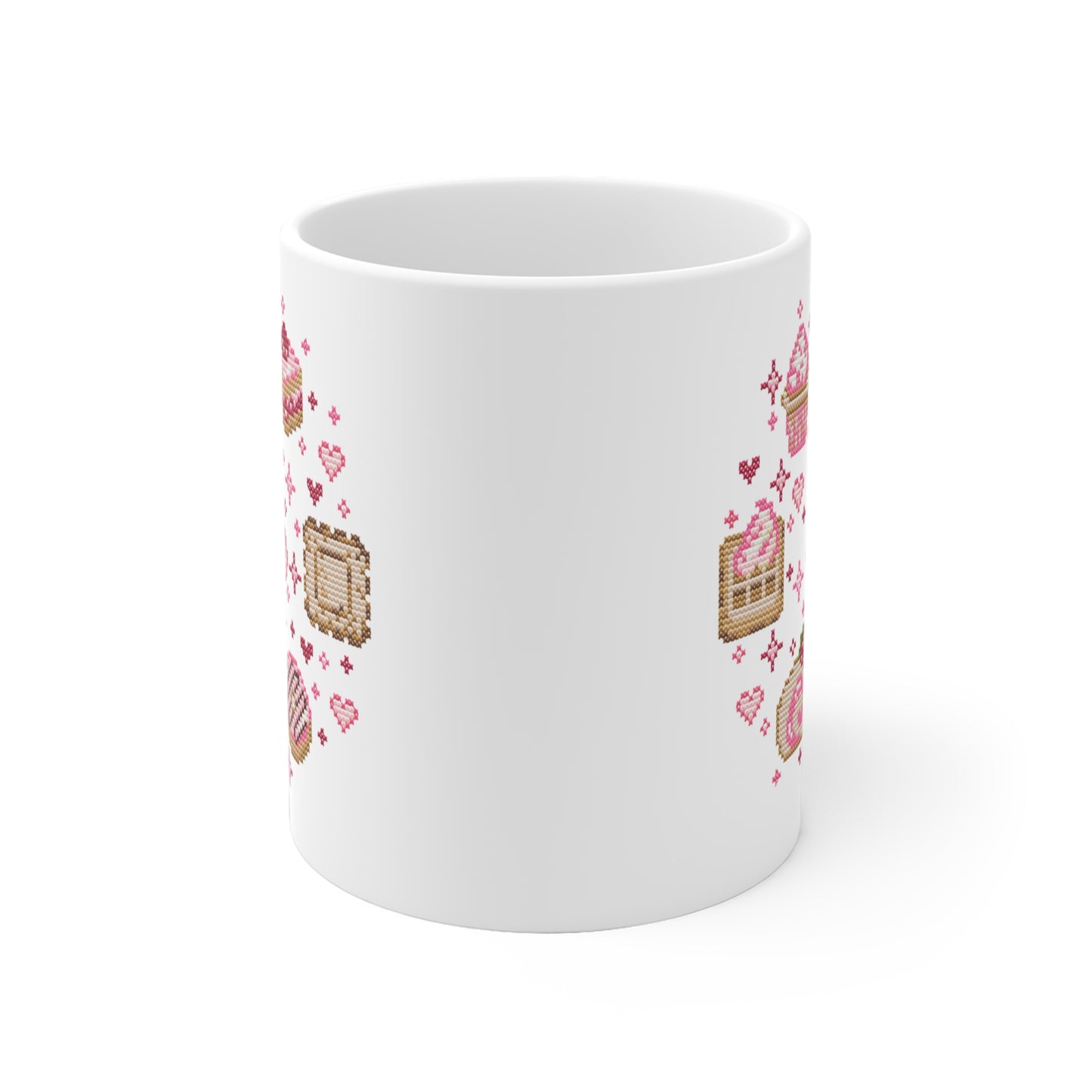 Tasse Sticken -  Kawaii Kreuzstich Optik Motivtasse - Törtchen und Gebäck