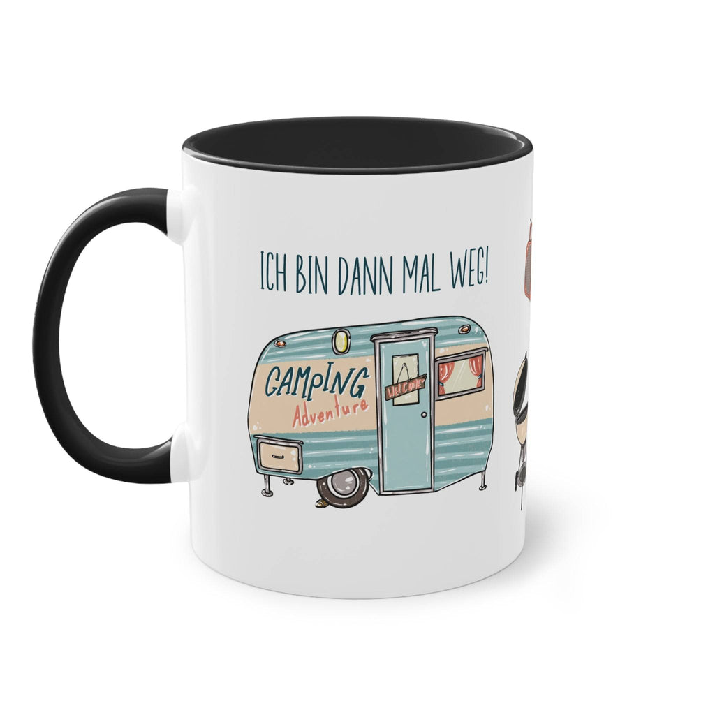 a black and white coffee mug with an image of a camper