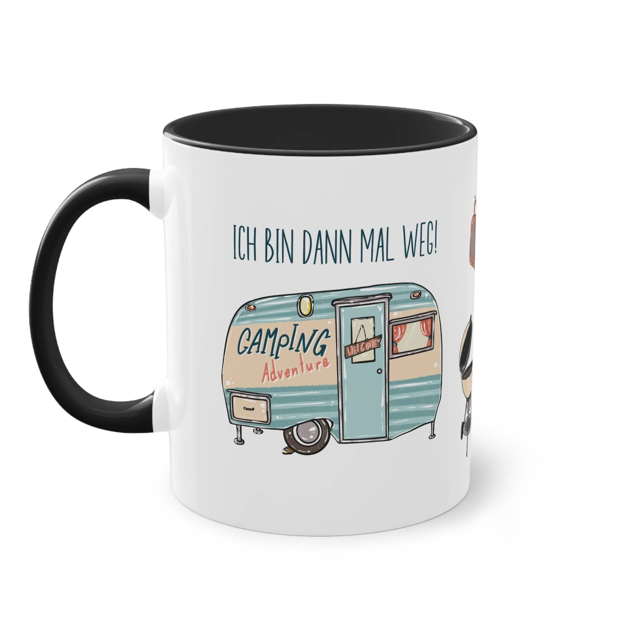 a black and white coffee mug with an image of a camper