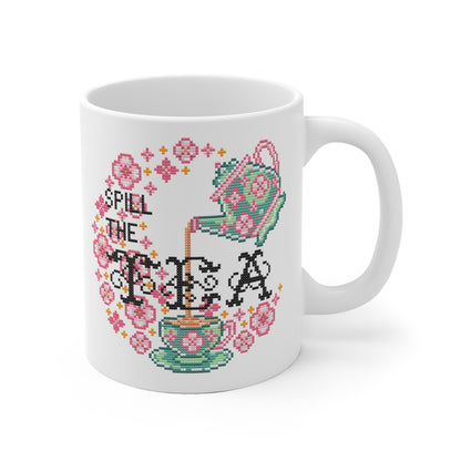 Motivtasse -  Niedliche Kawaii Kreuzstich Optik Tasse - Spill the Tea - Frühling Kaffee Tasse