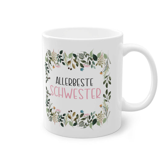 a white coffee mug with the words allerbeste schweister on