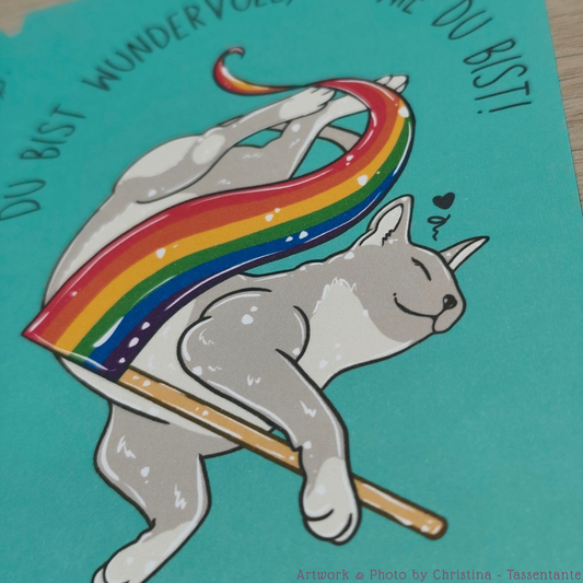 Lgbtq Pride Print, A6, Du bist wundervoll, so wie du bist, Katze mit Pride Flagge, Pride Geschenk, Coming Out