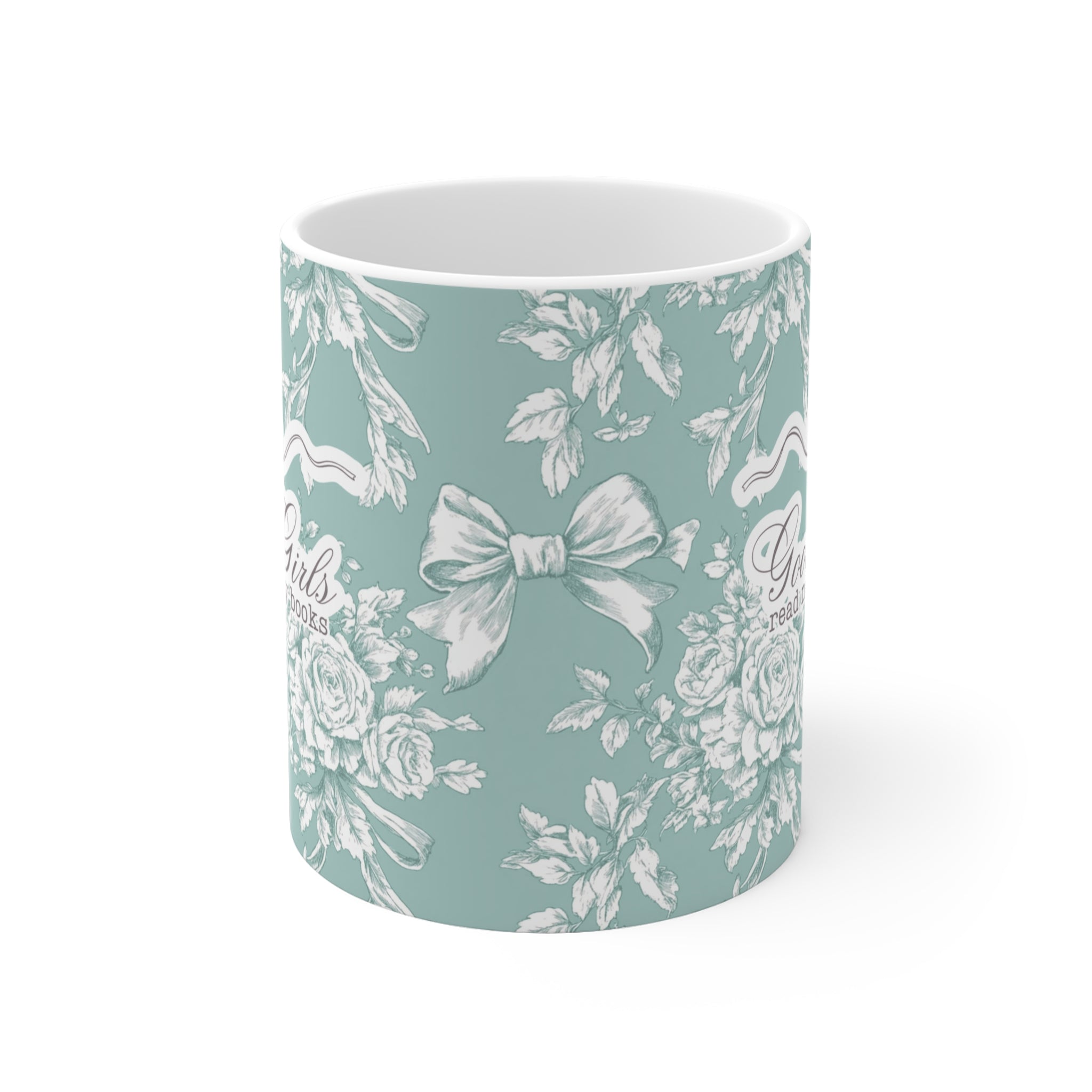 Mintfarbene Tasse mit romantischem Blumenmuster und dem frechen Spruch „Good Girls read naughty books“ – humorvolle Geschenkidee für Leserinnen von spicy Büchern und Fantasy Romance.