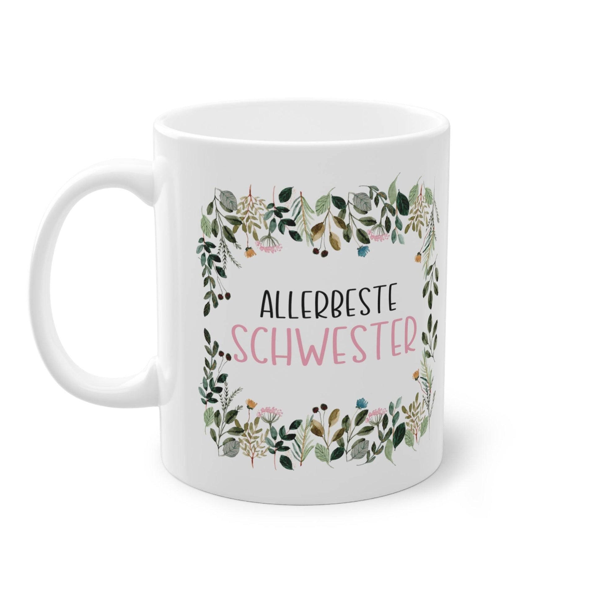 a white coffee mug with the words allepfeste schweister on
