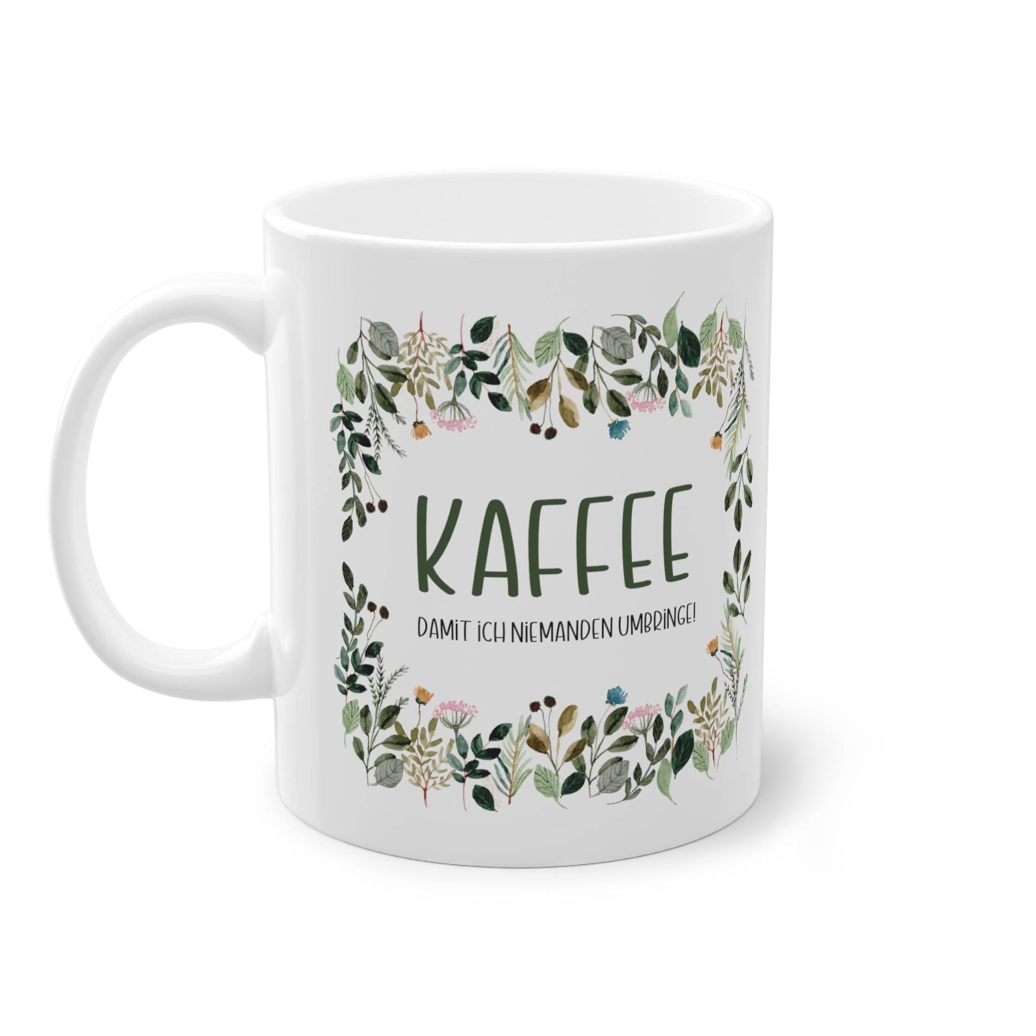 a white coffee mug with the words kaffee printed on it