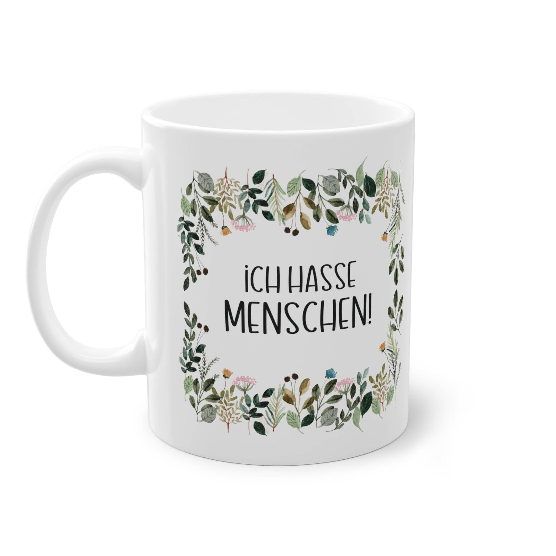 a white coffee mug with the words ich hasse meinschn on it