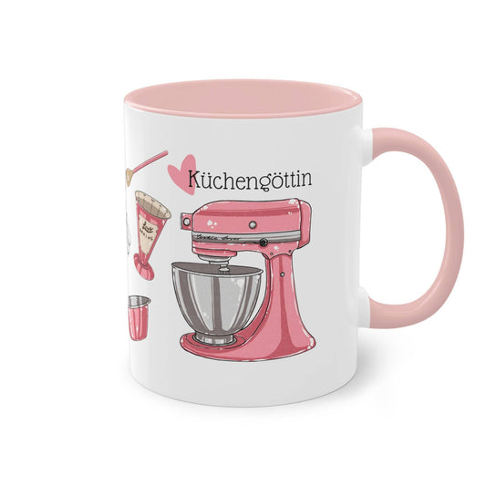 a pink coffee mug with a pink mixer on it