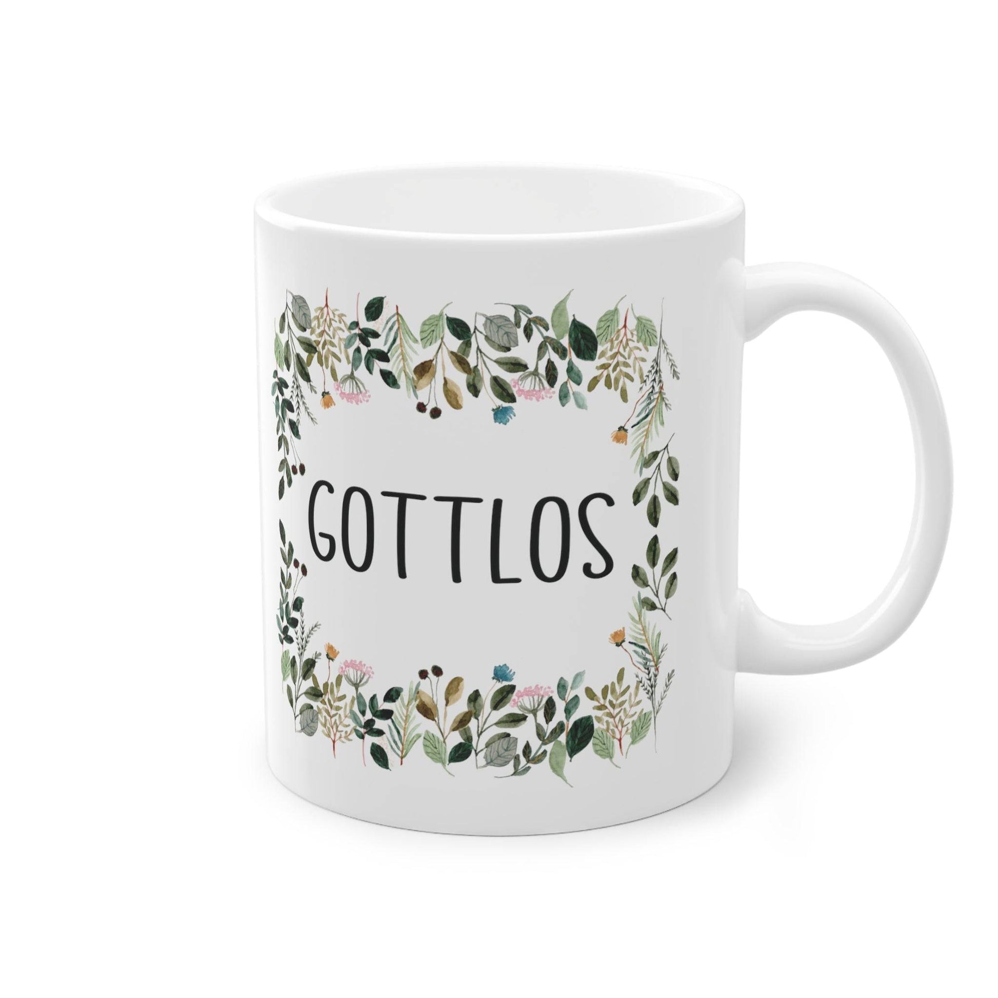 a white coffee mug with the words gottlos printed on it