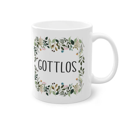 a white coffee mug with the words gottlos printed on it