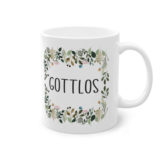 a white coffee mug with the words gottlos printed on it