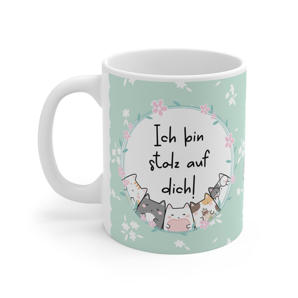 Keramiktasse mit mintgrünem Hintergrund, süßem Katzenmotiv und der Botschaft „Ich bin stolz auf dich!“ – liebevolles Geschenk für Motivation, Prüfungen oder zur Aufmunterung.