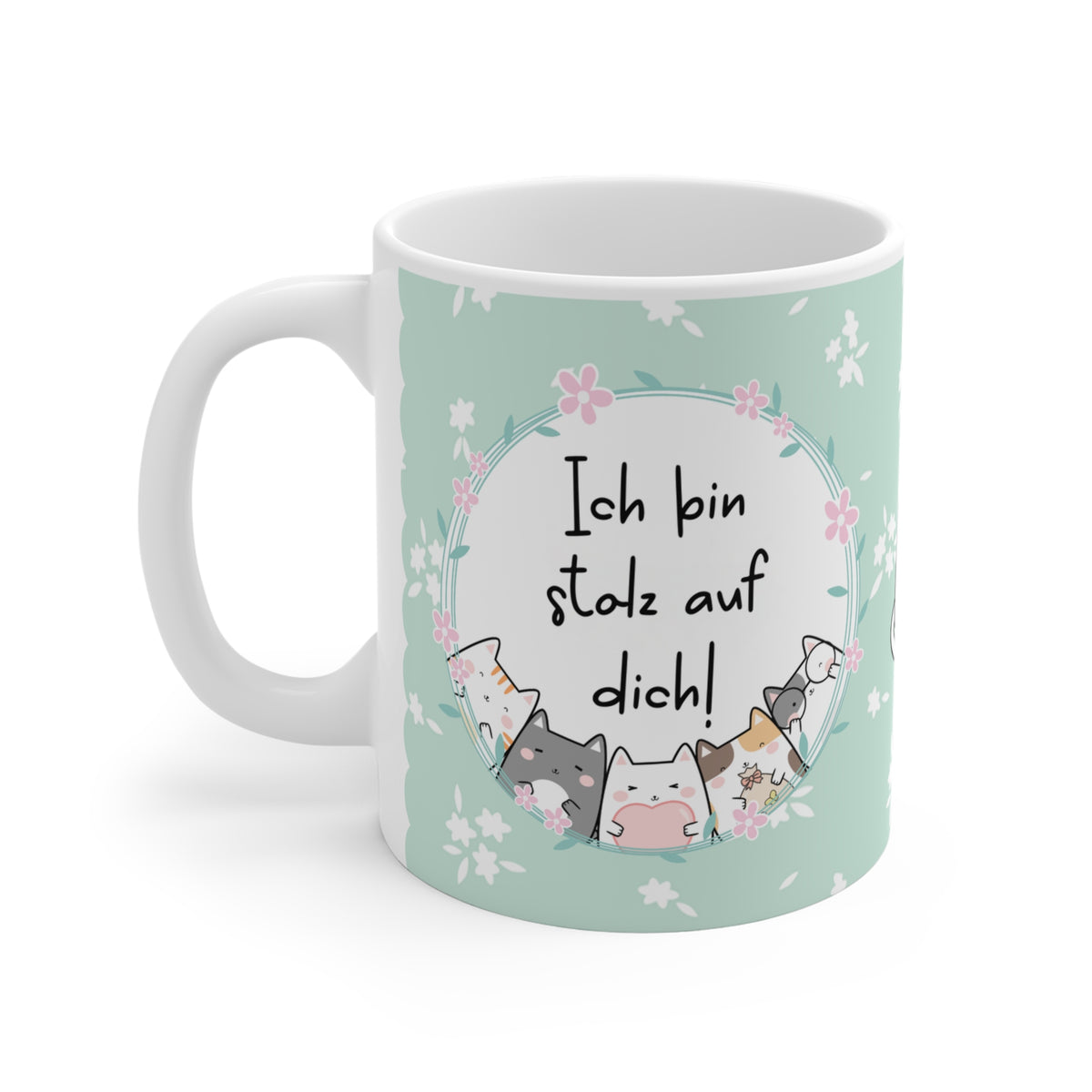 Keramiktasse mit mintgrünem Hintergrund, süßem Katzenmotiv und der Botschaft „Ich bin stolz auf dich!“ – liebevolles Geschenk für Motivation, Prüfungen oder zur Aufmunterung.
