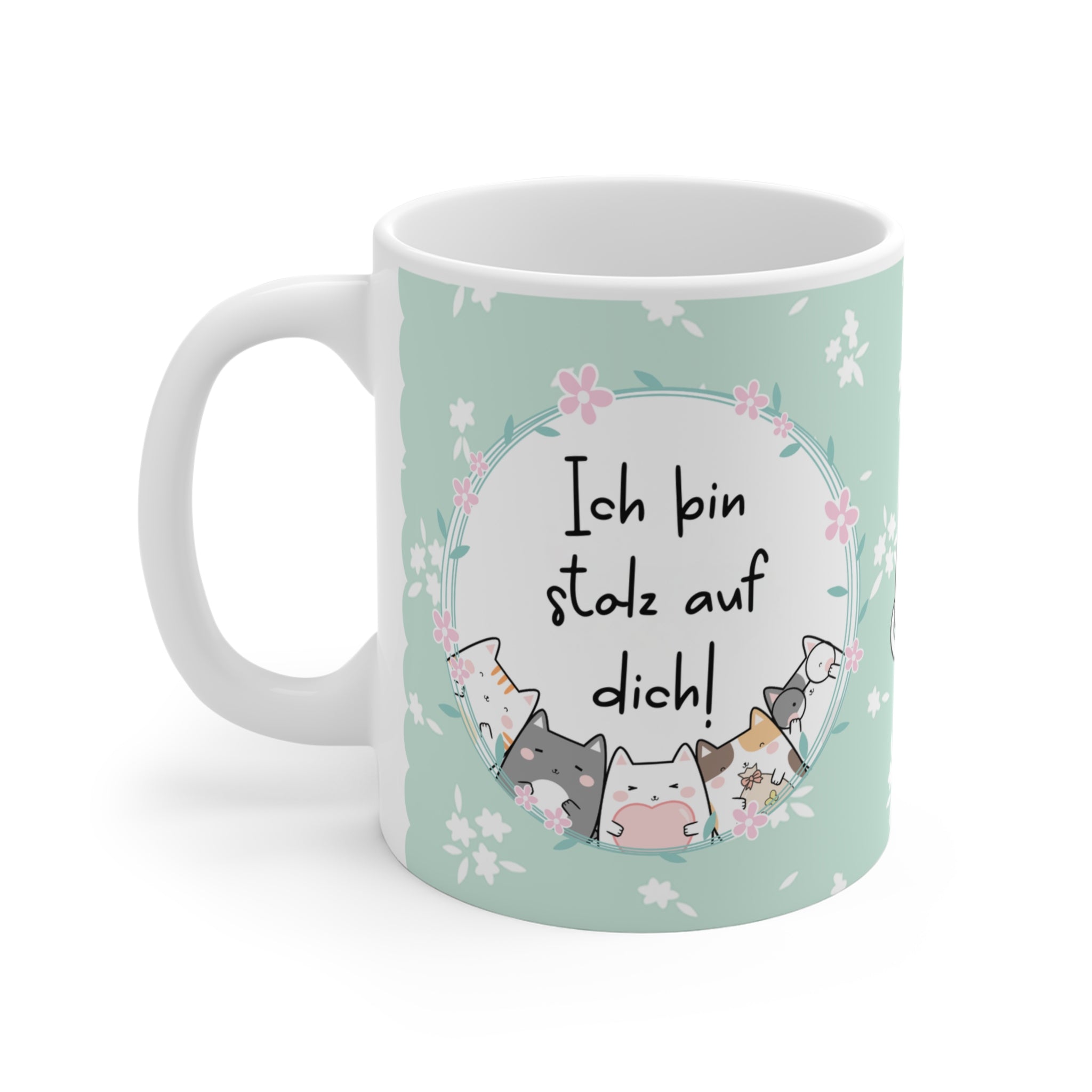 Keramiktasse mit mintgrünem Hintergrund, süßem Katzenmotiv und der Botschaft „Ich bin stolz auf dich!“ – liebevolles Geschenk für Motivation, Prüfungen oder zur Aufmunterung.