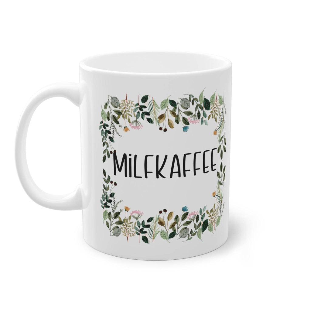 a coffee mug with the words milk kaffee printed on it