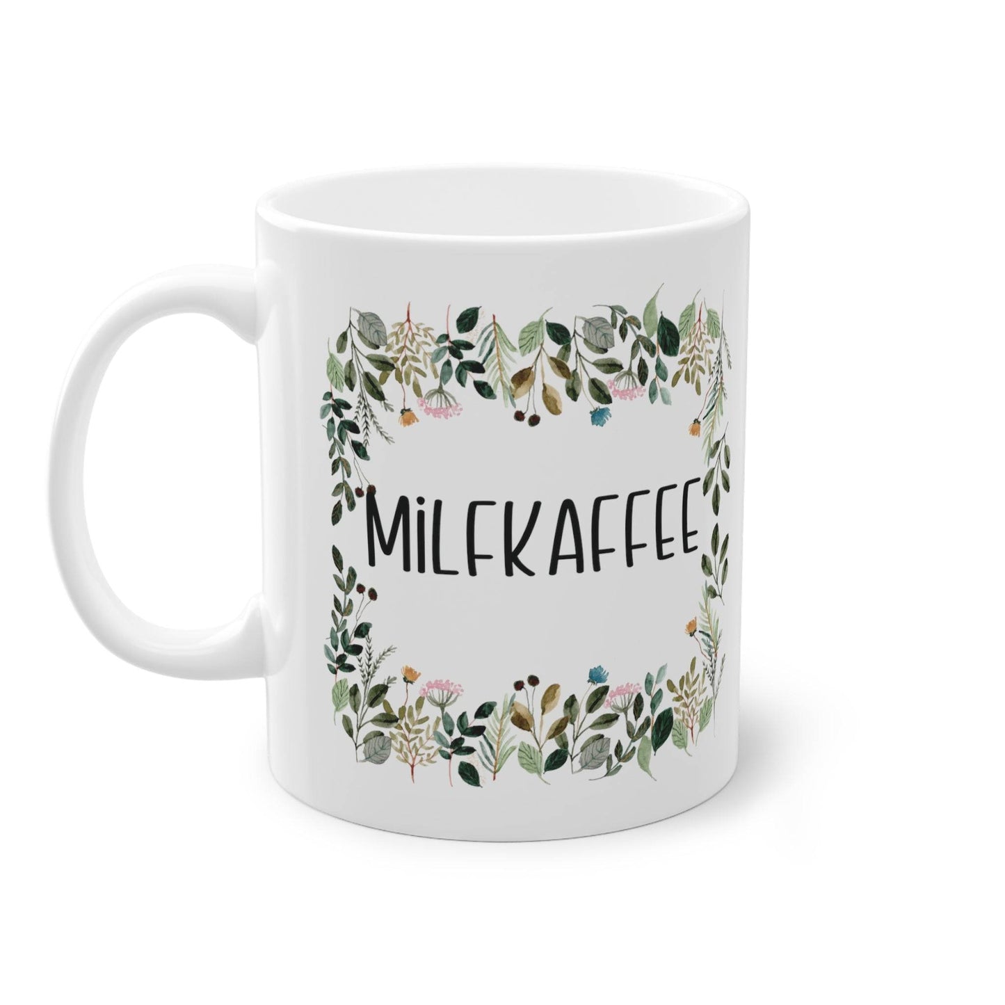 a coffee mug with the words milk kaffee printed on it