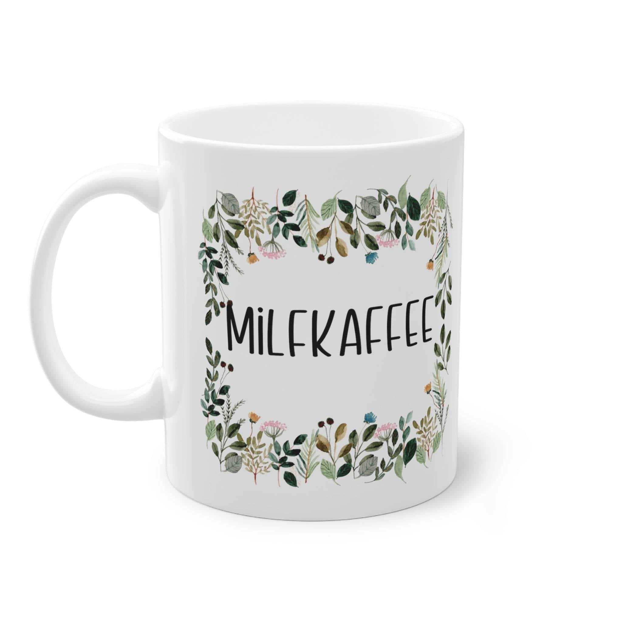 a coffee mug with the words milk kaffee printed on it