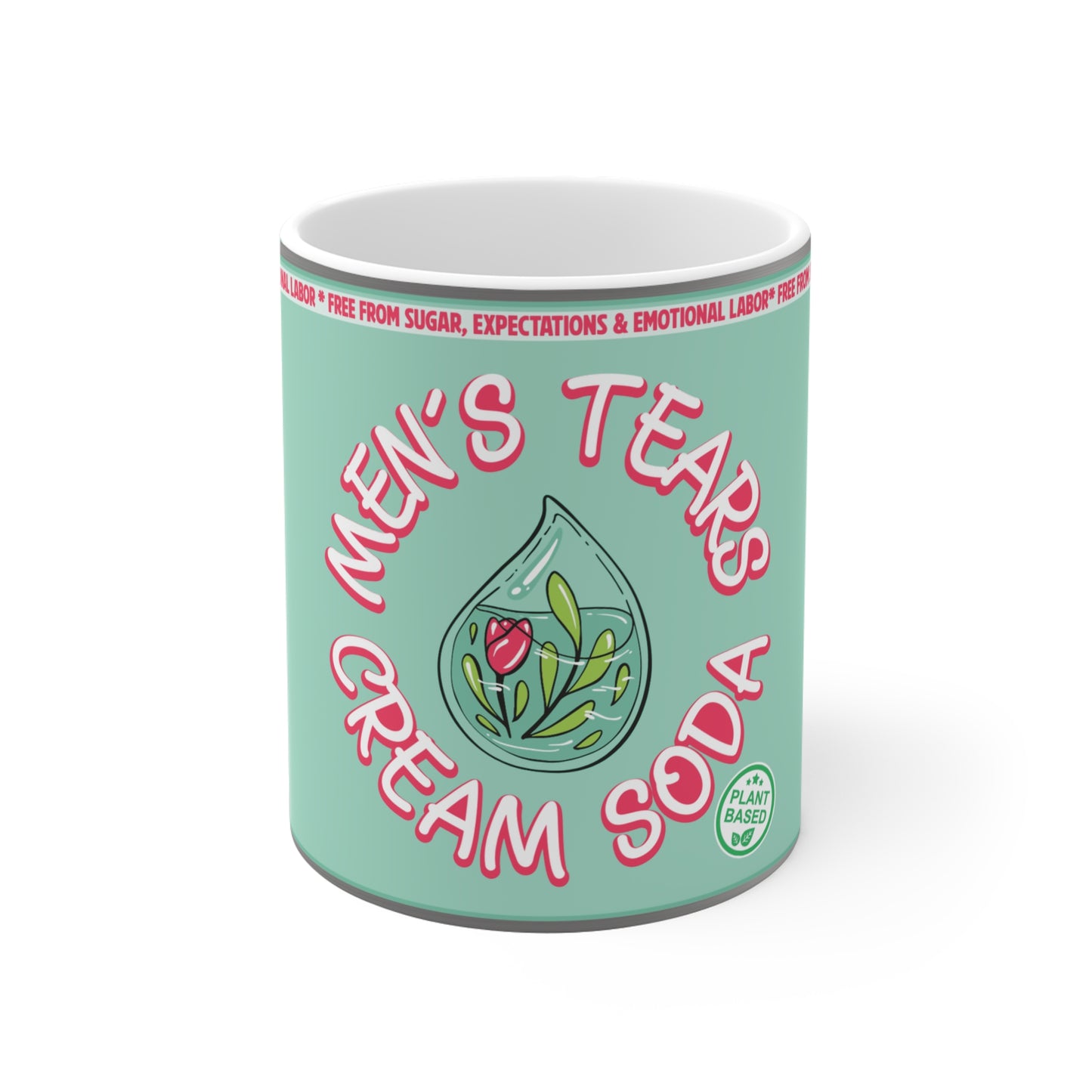 Feministische Keramiktasse „Men’s Tears Cream Soda“ mit frechem Spruch in Mintgrün und Pink, perfekte Geschenkidee für Freundinnen.