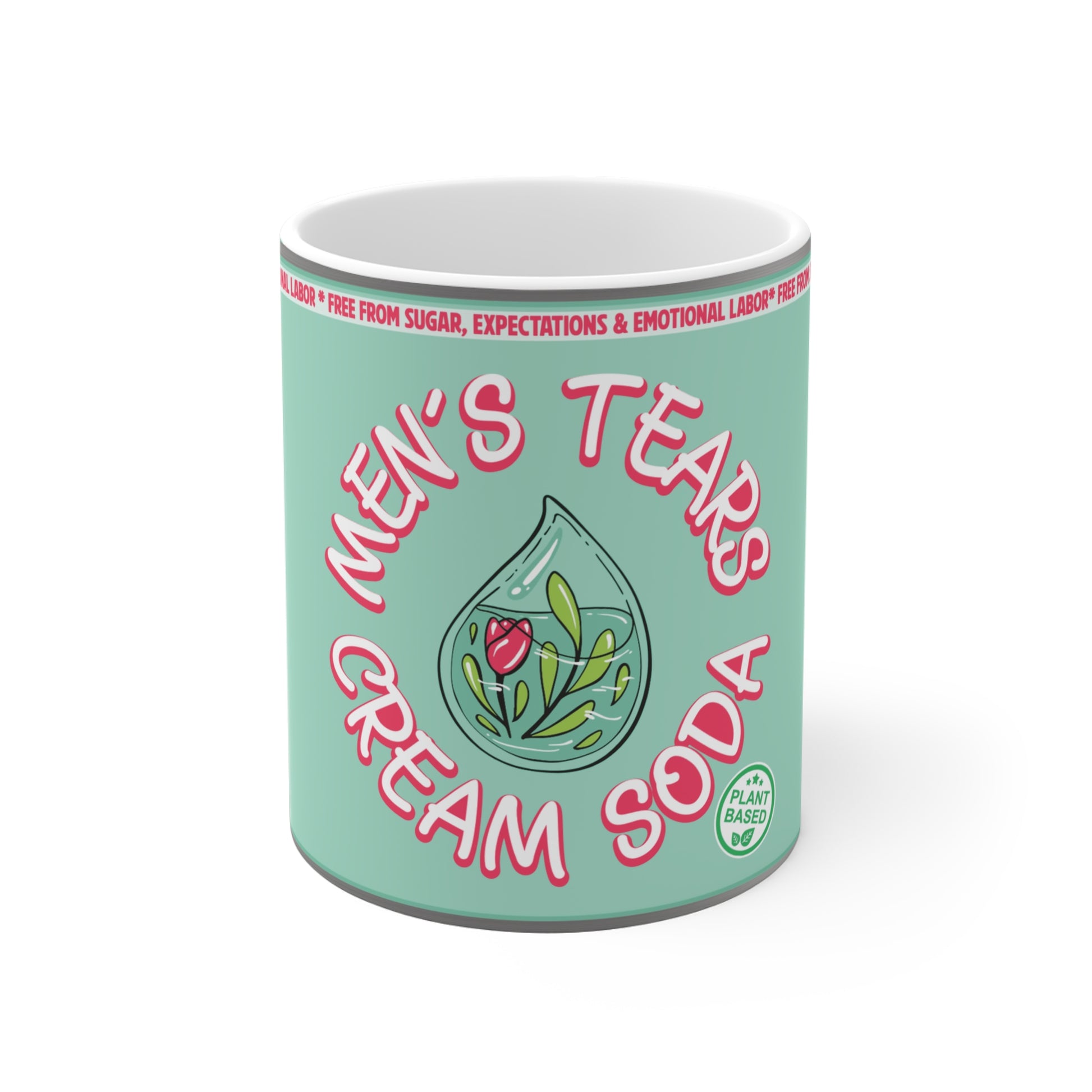 Feministische Keramiktasse „Men’s Tears Cream Soda“ mit frechem Spruch in Mintgrün und Pink, perfekte Geschenkidee für Freundinnen.