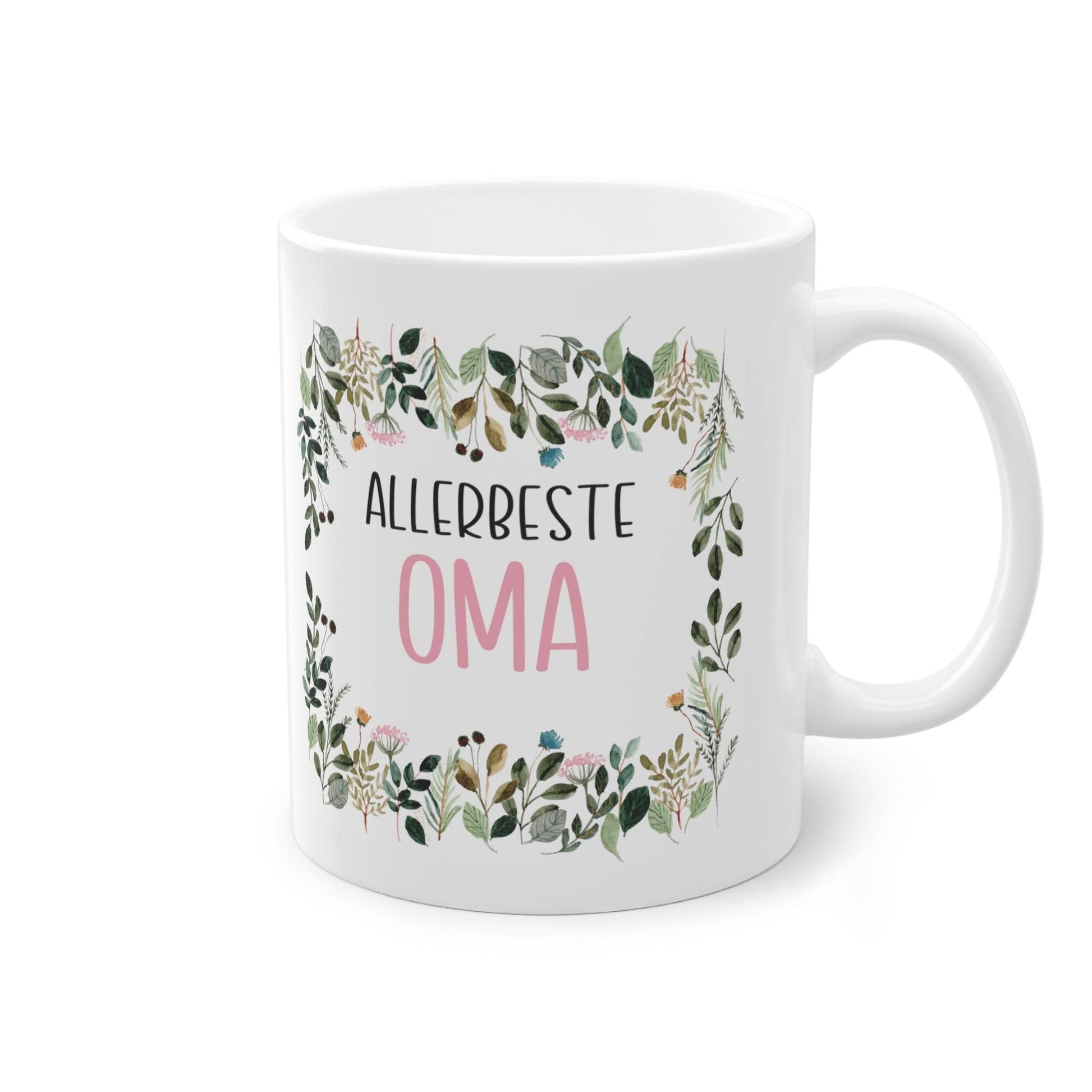 a white coffee mug with the words allerbeste oma on it