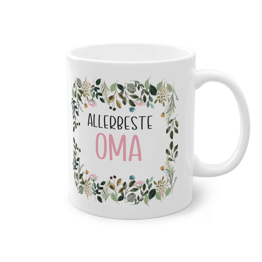 a white coffee mug with the words allerbeste oma on it