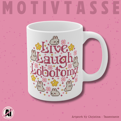 Tasse Sticken -  Witzige Kreuzstich Optik Motivtasse - Live Laugh Lobotomy