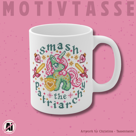 Tasse Sticken -  Feministische Kreuzstich Optik Motivtasse - Geschenk für Sticker*innen- Smash the Patriarchy