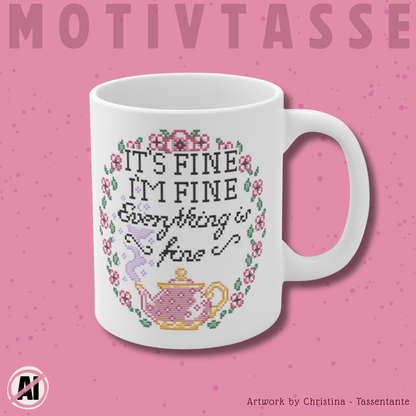 Tasse Sticken -  Witzige Kreuzstich Optik Motivtasse - Geschenk für Sticker*innen- It´s fine...