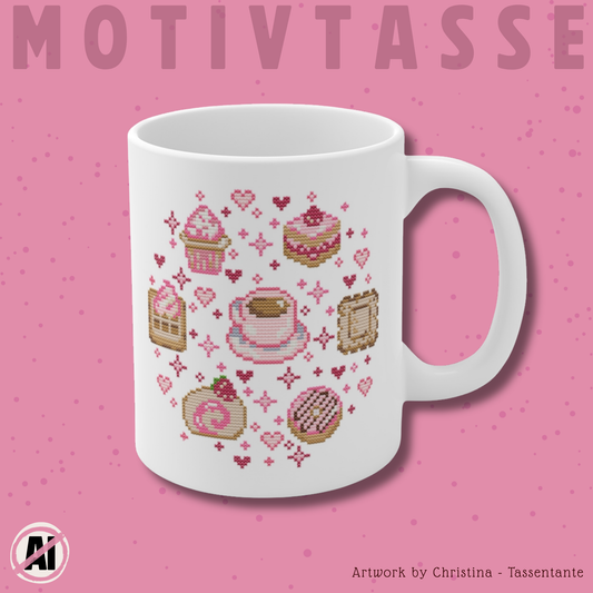 Tasse Sticken -  Kawaii Kreuzstich Optik Motivtasse - Törtchen und Gebäck