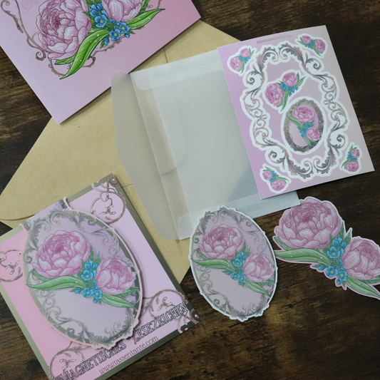 Spar-Set - Pfingstrose - Grußkarte Din A6, Sticker Sheet, Magnetisches Lesezeichen