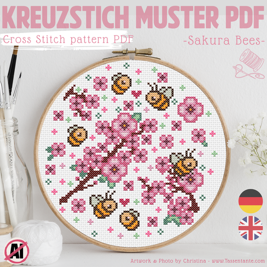 Stickvorlage Kreuzstich - Sakura Bees, niedliche Bienen mit Kirschblüten