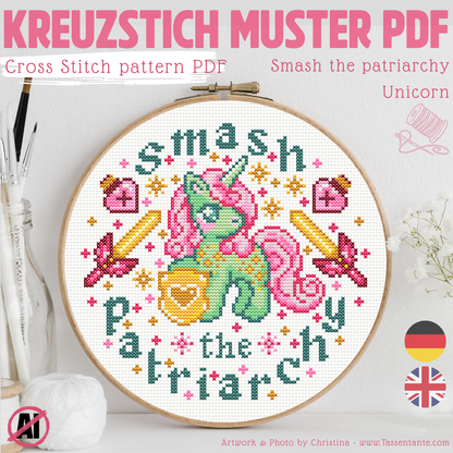 Stickvorlage Kreuzstich - Smash the patriarchy - Unicorn