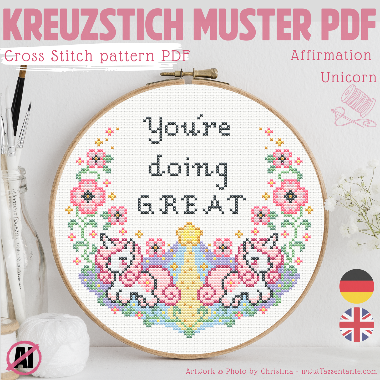 Stickvorlage Kreuzstich - Einhorn - Positive Affirmation - You´re doing Great