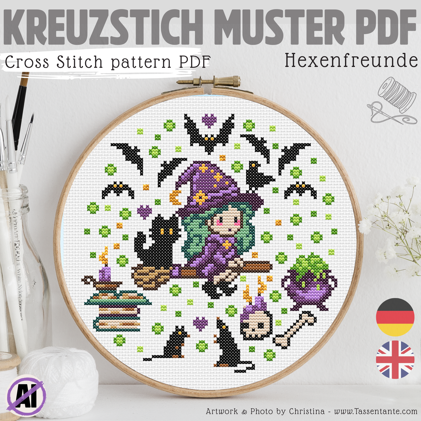 Stickvorlage Kreuzstich - Hexenfreunde, eine kleine Hexe mir all ihren Freunden