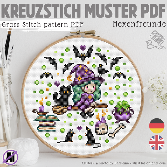 Stickvorlage Kreuzstich - Hexenfreunde, eine kleine Hexe mir all ihren Freunden