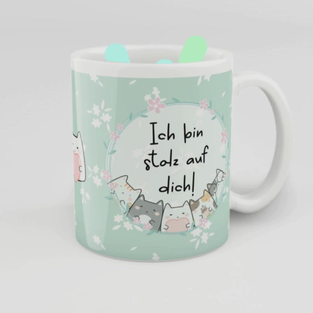 Keramiktasse mit mintgrünem Hintergrund, süßem Katzenmotiv und der Botschaft „Ich bin stolz auf dich!“ – liebevolles Geschenk für Motivation, Prüfungen oder zur Aufmunterung.